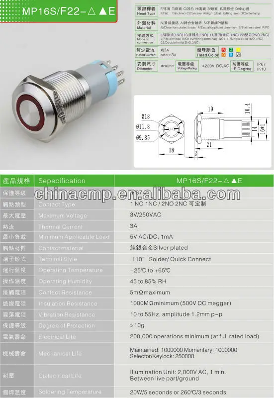 Size 16mm Ring 12v LED Switch / Momentary Lighted Pushbutton ( 1NO1NC or 2NO2NC)