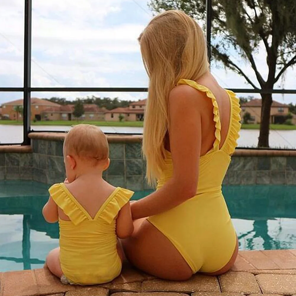 

Free Shipping Family Matching Mommy and Me Baby Girls Bikini Ruffled One Piece Bathing Suit Swimwear Swimsuit