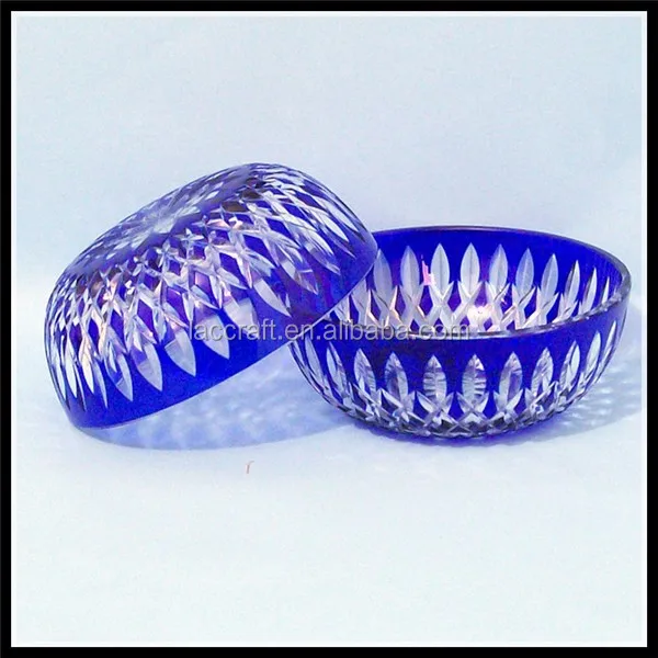 Cobalt Blue Colored Glass Fruit Plates Decor With Hand Cutting Deign