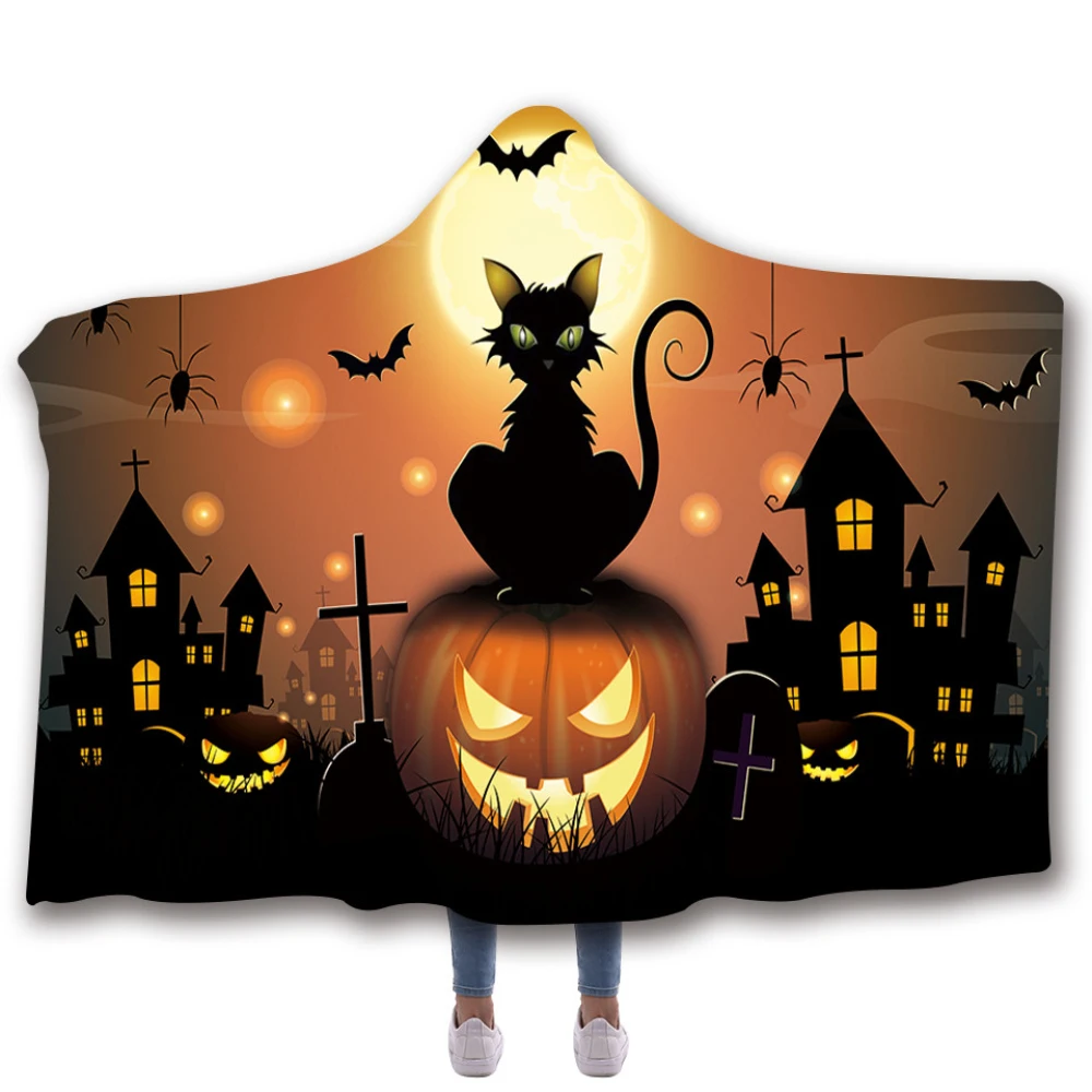 

Wholesale 3D Custom Animal Halloween Pumpkin Printed Personalized Full Printing Hooded Adult Fleece hooded blanket for adults, Custom printed