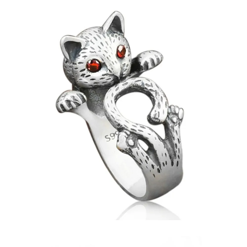 

925 Stamp Silver Hippie Vintage Anel Punk Animal Red Eyes Lucky Cat Ring Boho Chic Retro Wedding Finger Ring for Women Ring