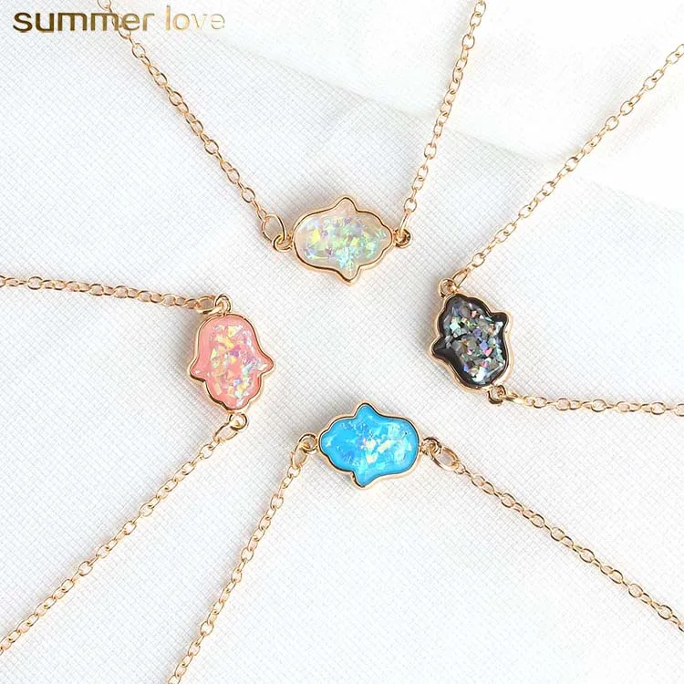 

2019 Hot Wholesale Jewelry Hamsa Opal Geometric Charm Necklace Resin Pendant Gold Plated Chain Choker Necklace for Women Girls, Pink black blue white