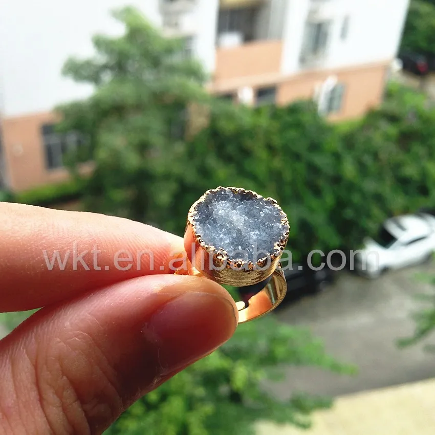WT-R246 Newest Natural grey druzy quartz ring 24k gold plated adjustable size grey druzy ring