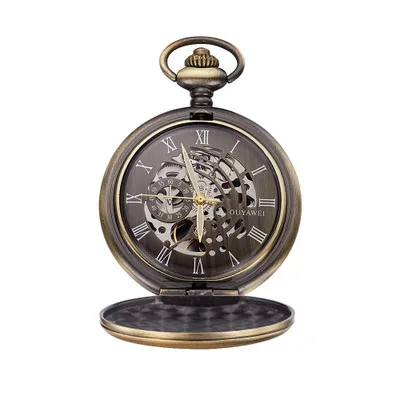 

Wholesale OUYAWEI Luxury Brand Stainless Steel Chain Bronze Case Antique Mechanical Skeleton Custom Pocket Watch