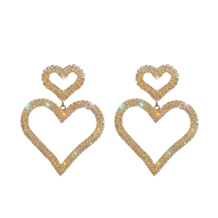 

gold silver double heart shaped earrings crystal rhinestone statement earrings women jewelry Korean earrings, Picture