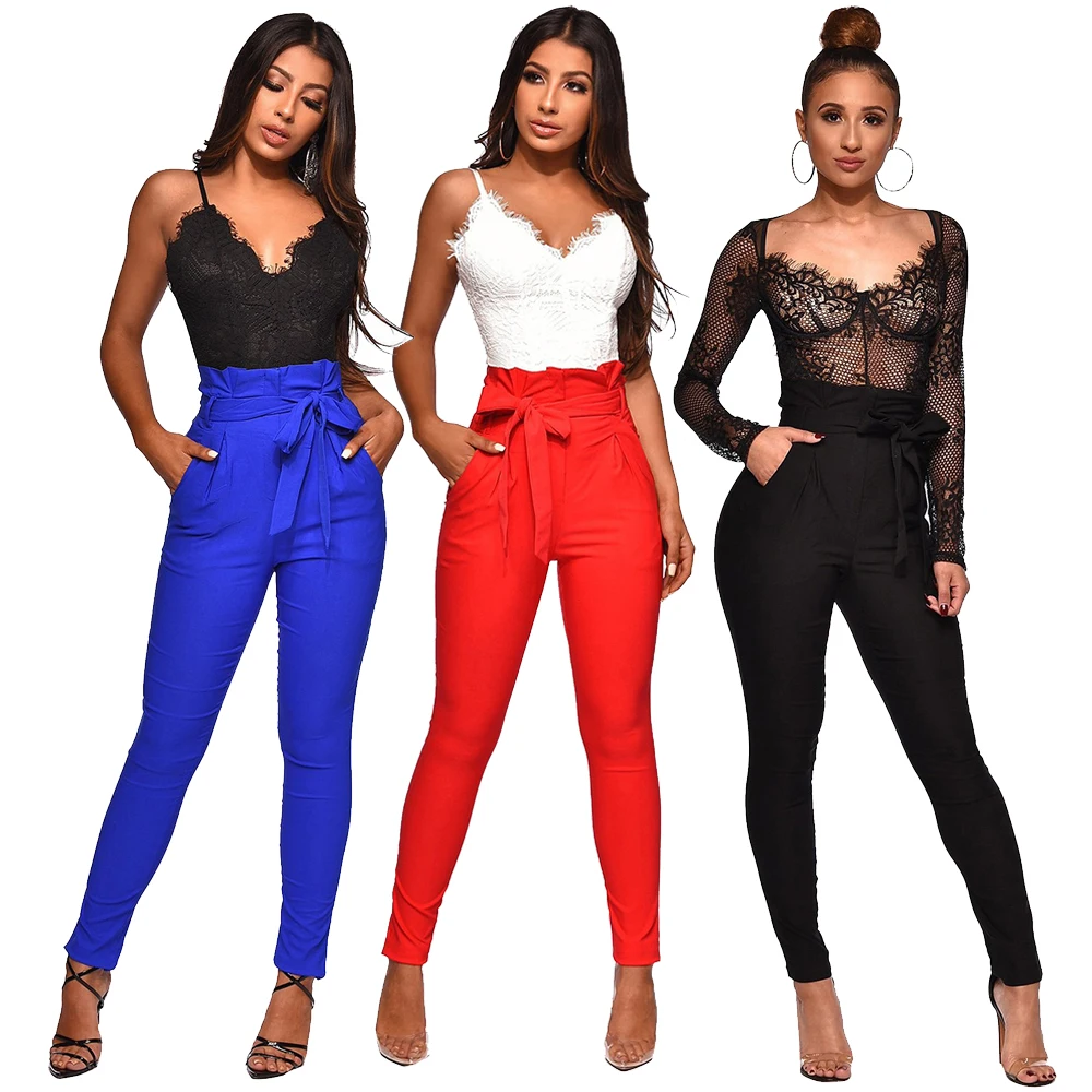 Fashion polyester elastic drawstring high-waist solid patchwork straight pants (with belt)