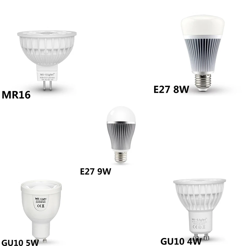 MiLight 2.4G RF led light GU10 E27 MR16 dimmer wifi control 4W 5W 9W DC12V AC85V-265V RGBW RGBWW CCT Smart Led bulb light