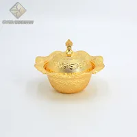 

Tulip Design Gold Plated Round shape Arabic Dates Bowl Snack Dish With Cover