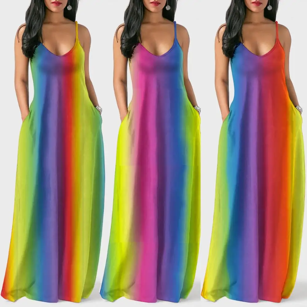 

PN6037 rainbow tropical sleeveless long maxi dress woman