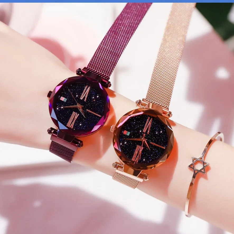 

2019 trending magnet stainless steel mesh lady watch hot sale Minimalism starry watch, Gold;black;blue and purple