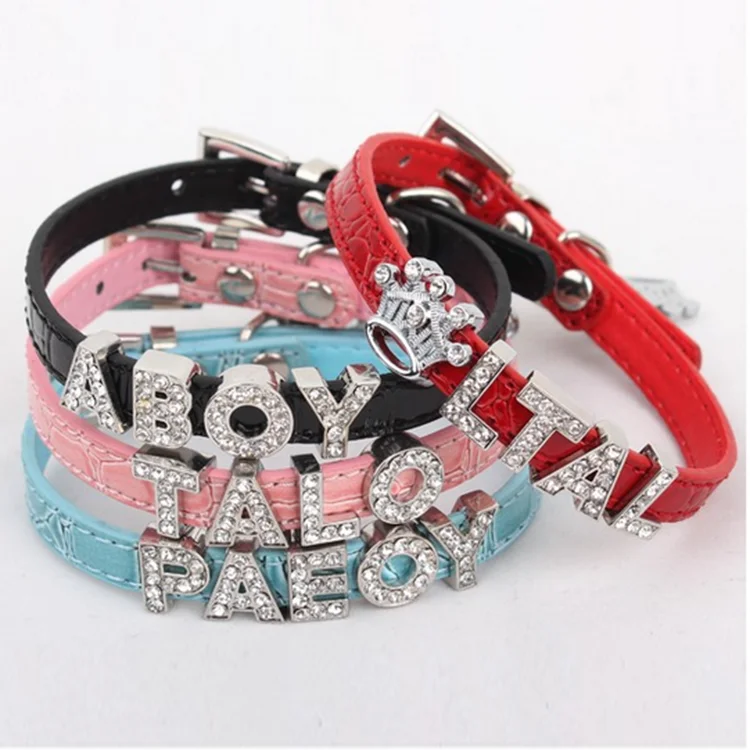 

Alloy Buckle 10MM Croc PU Leather DIY Letters Personalized Slide Pet Collars(Price Exclude Slide Charms), Black blue pink