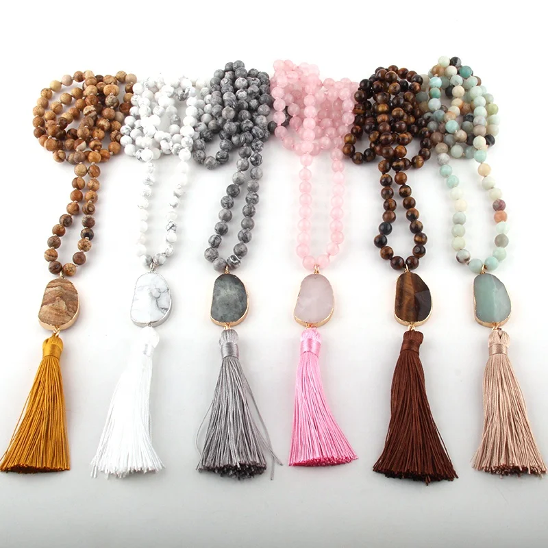 

Fashion Jewelry 8mm Amazonite Natural Stone Necklace tiger eye Long Knotted Irregular Stone Link Tassel Necklace, 6 different stone