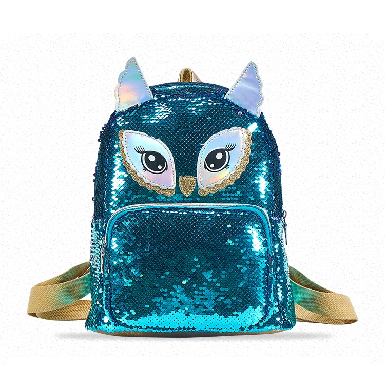 

personalized owl fashion blue shining sequin backpack bag for girls