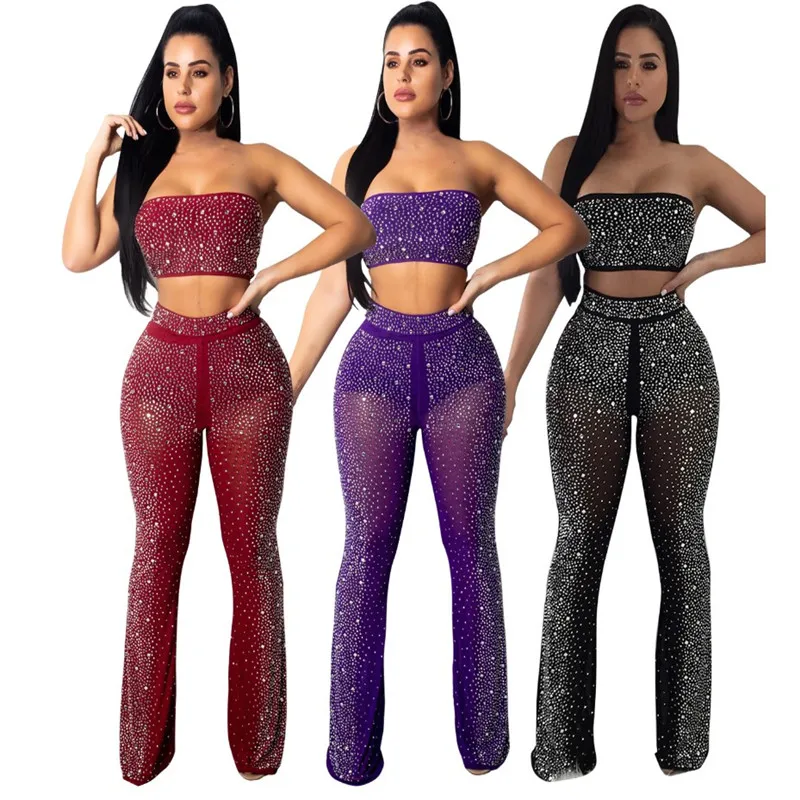 2019 Women clothes Fashion 3 colors See Through Rhinestone 2 Pieces Set Sleeveless Crop Top+Hot Drilling Long Pants