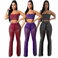 

2019 Women clothes Fashion 3 colors See Through Rhinestone 2 Pieces Set Sleeveless Crop Top+Hot Drilling Long Pants