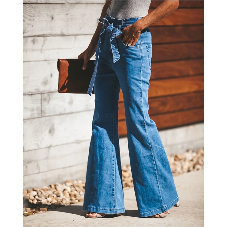 Flare Jeans Women High Waist Blue Jeans Wash Vintage Wide Leg Belted Stretchy Denim Jeans Women