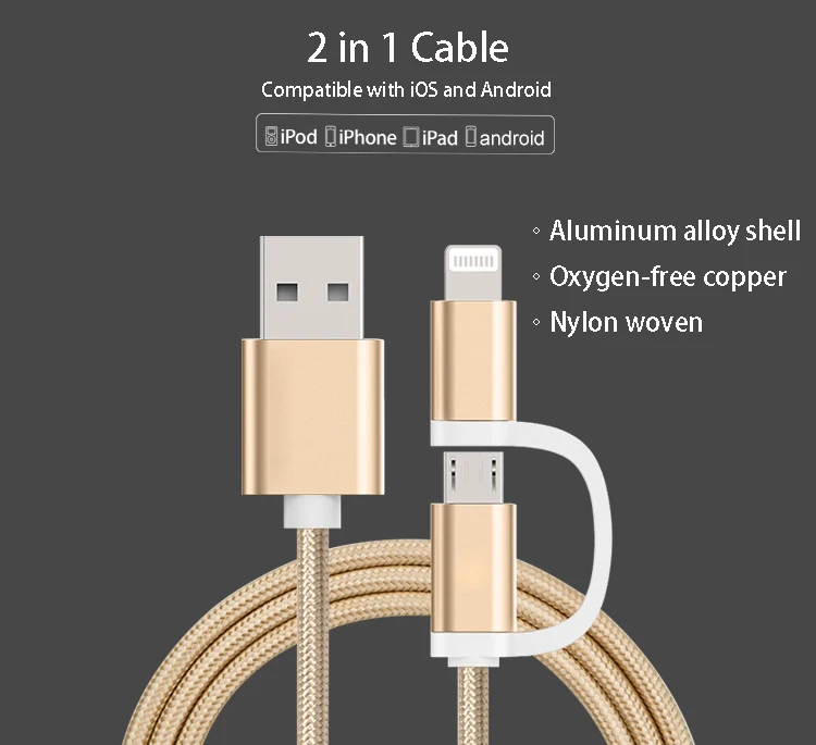 2in1 Dual Connector 1m Fast Charging USB Data Cable for Android iPhone iPad