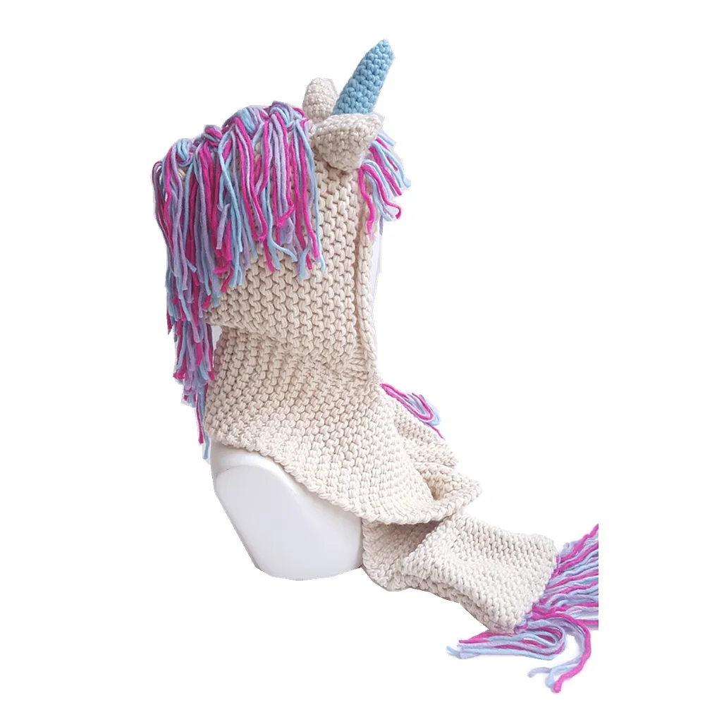 
2018 Cartoon Cute Unicorn Scarf Shawl Tassel Hats Acrylic Kids Knitted Unicorn Hood Hat with Pockets 
