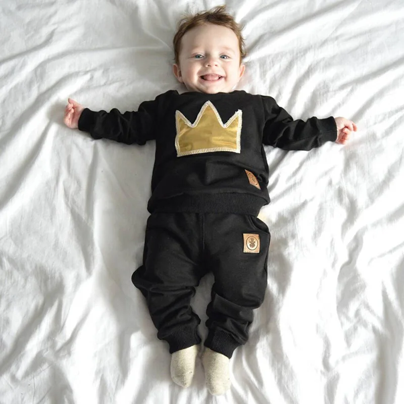 

Hot Design Baby Black Long Sleeve Cotton Clothes Set With Crown And Embroidery Pattern, As picture;or your request pms color