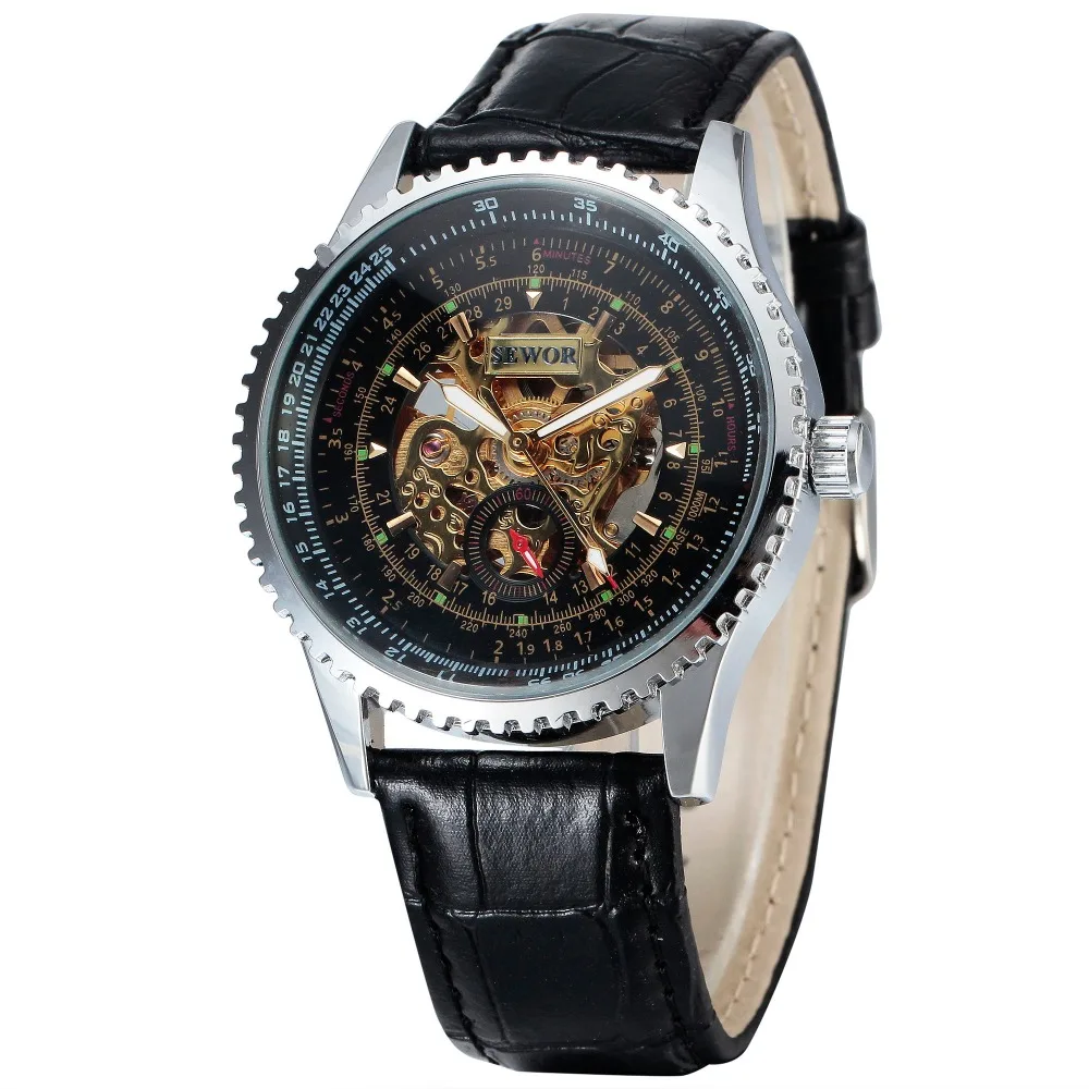 

SEWOR 740-2 Men Automatic Mechanical Watch Luxury Skeleton Clock Self Wind Wrist Dress Leather Strap Wristwatches, 2 color for you choose
