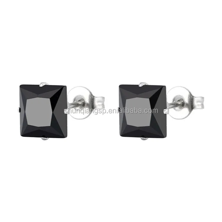 Mens Black Square Crystal Stud Earring With Stainless Steel Back