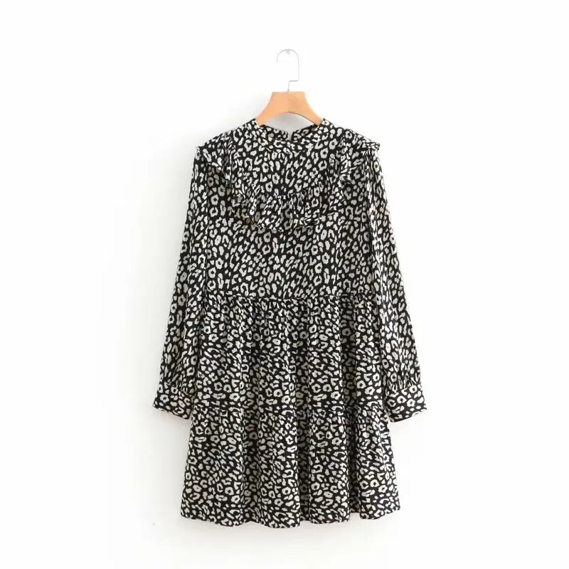 

Ruffle patterns women o neck long sleeve casual loose printed dress korean style clothing