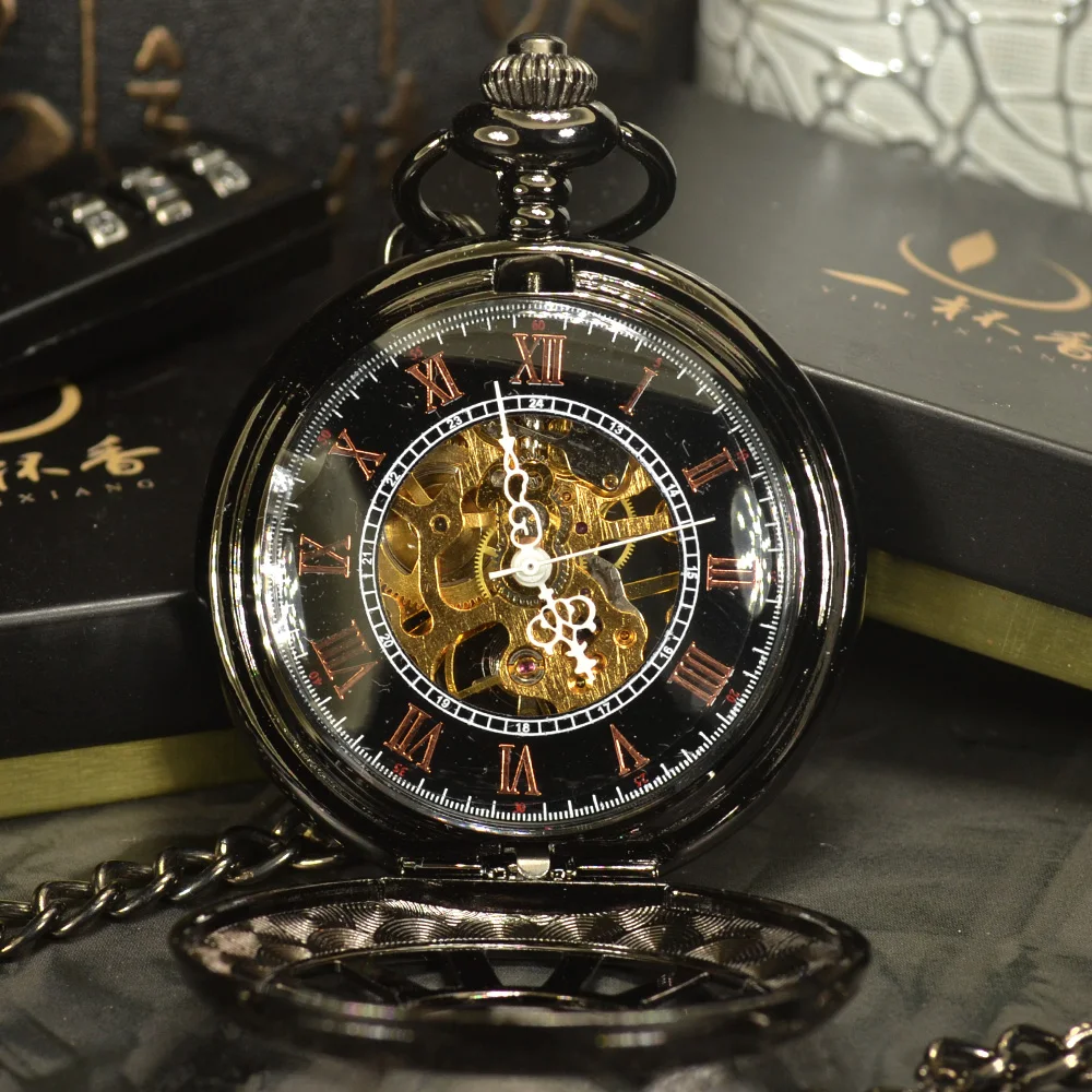 

Chain Male Clock Black Steampunk Skeleton Mechanical Pocket Watch Men Antique Luxury Brand Necklace Pocket Watch, Customize