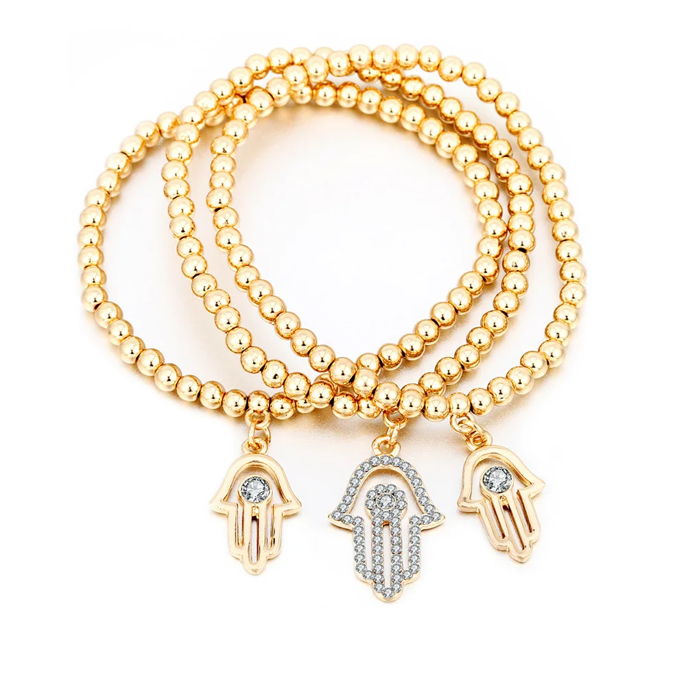 

3Pcs/Set Gold Evil Bracelet Adjustable Turkish CZ Crystal Charms Hand of Hamsa Bracelets Women Elastic Fashion Bead Jewelry