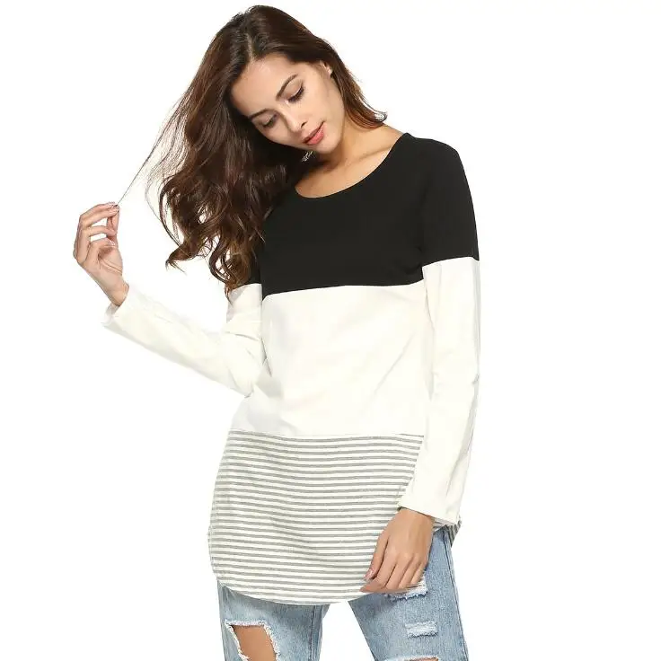 

Tri-Color Stripes Female T-Shirt Long Sleeves Round Neck Tops Fashion Casual Slim Stitching T-Shirts For Women'S Clothing A413