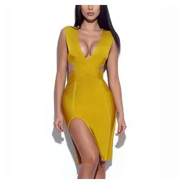 

2018 club deep v neck sleeveless high slitted ginger shift dress bandage with various colors, As picture or customized