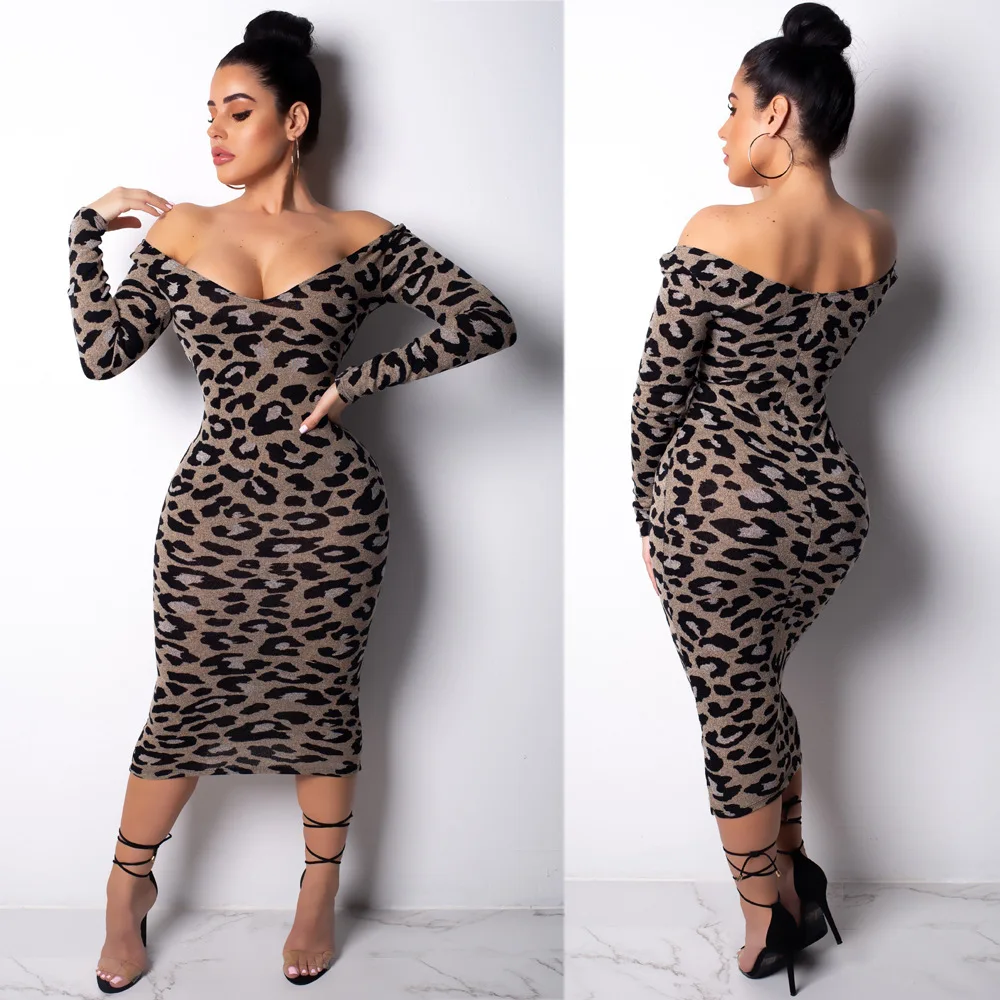 

Women leopard print long dress off shoulder long sleeve ladies casual chic sexy dresses, As picture