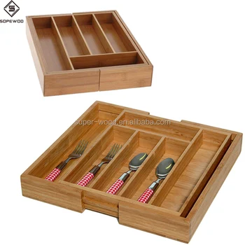 Wholesale Adjustable Bamboo Wooden Cutlery Tray Kitchen Drawer