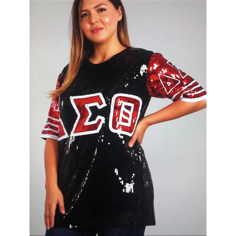 Sequin Long O Neck T shirt red Black Delta Sigma Theta DST Sorority Sequin T Shirt Clothing Party Club Top Loose Clothes