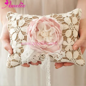 Rustic Chic Romantic Blush Flower Burlap Wedding Ring Pillow For