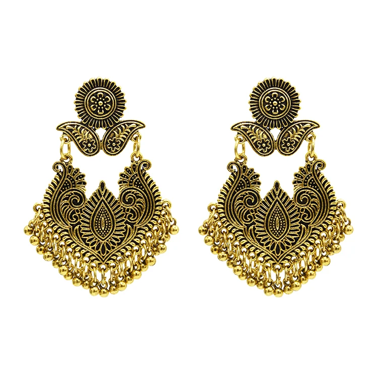 

Vintage Carved Flower Shape Earrings Latest Indian Designer Fish Hook Ball Tassel Dangle Earrings, Silver