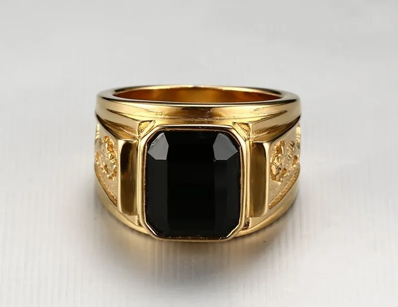 Simple Stainless Steel Gold Ring Base Designs Black Stone Ring For Men ...