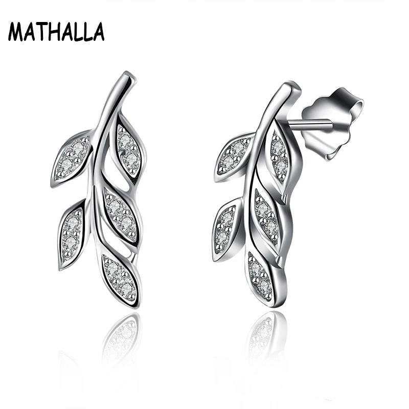 

Fine Jewelry 925 Sterling Silver Olive Leaf Shape Micro Prong CZ Silver Stud Earrings For Women & Girls