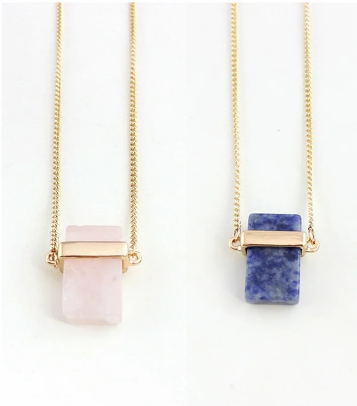 

Rose Quartz with Lapis Natural Stone rectangle Necklace