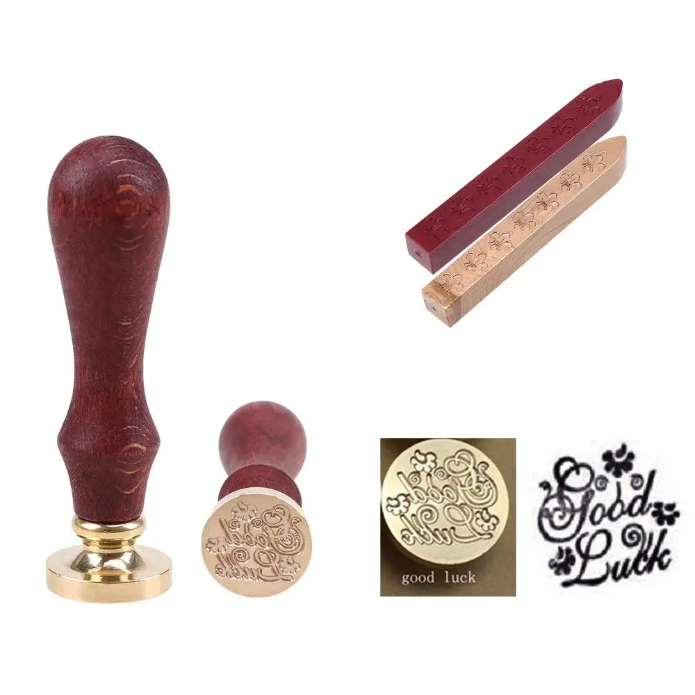 WCIC Wax Seal Stamp "Good Luck" Brass Head With 2Pcs Wax Stick In Bronze& Deep Red For Envelope Invitations Greetings Letter