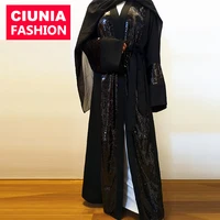 

1678# Muslim Sequins Mesh Nida Abaya Maxi Dress Cardigan Long Robe Gowns Jubah Kimono Ramadan Arab Islamic Kaftan Clothing