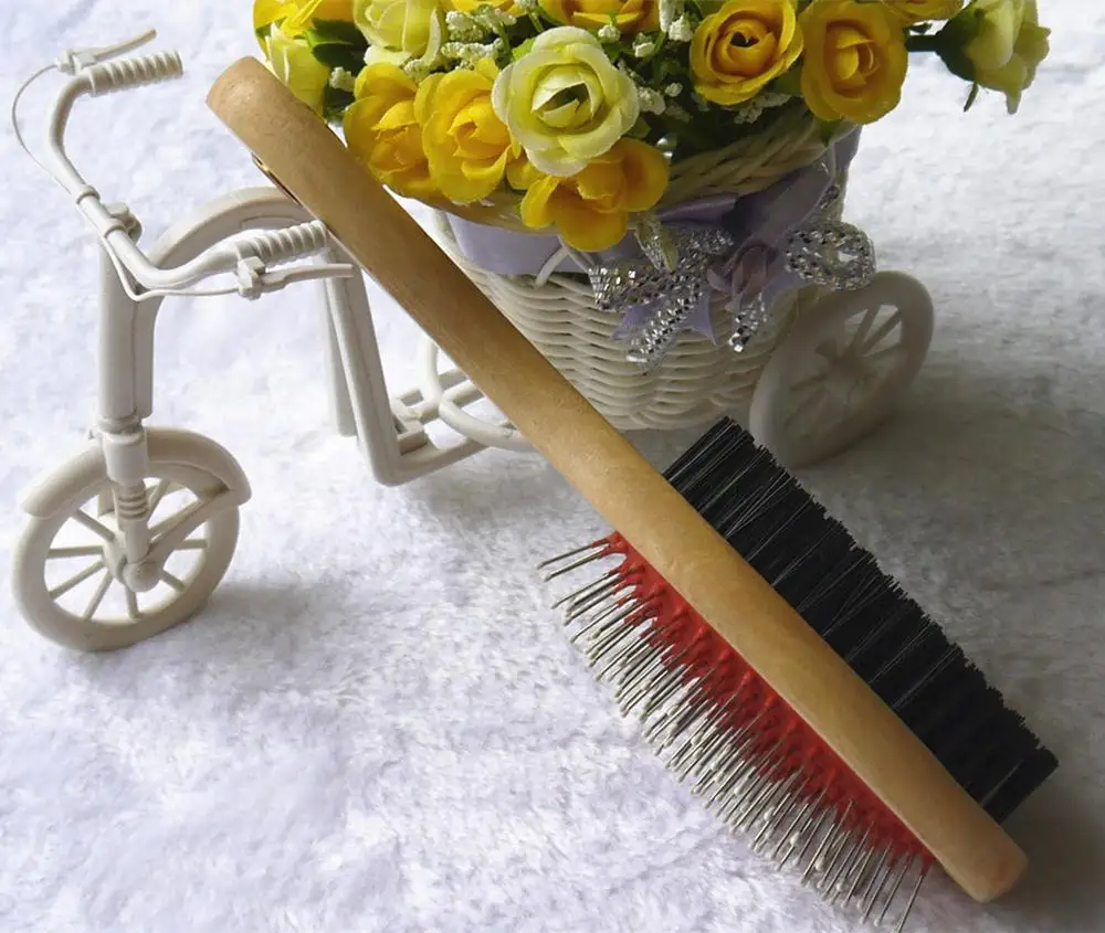 

Big Size Double Sided Dog Pet Animal Wood Brush Comb With Soft PP Bristles and Gentle Metal Needles On Rubber Pad, Custom color accept