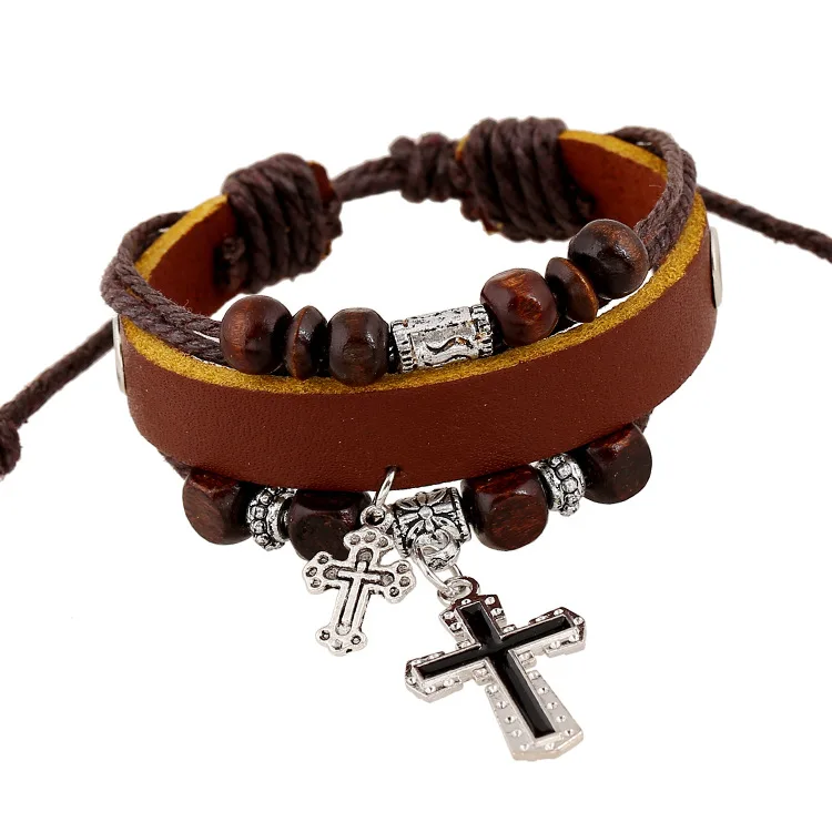 

INFANTA JEWELRY European And American Beaded Cross Leather Cowhide Leather Bracelet Bangle Women String Bracelet Homme For Men, N/a