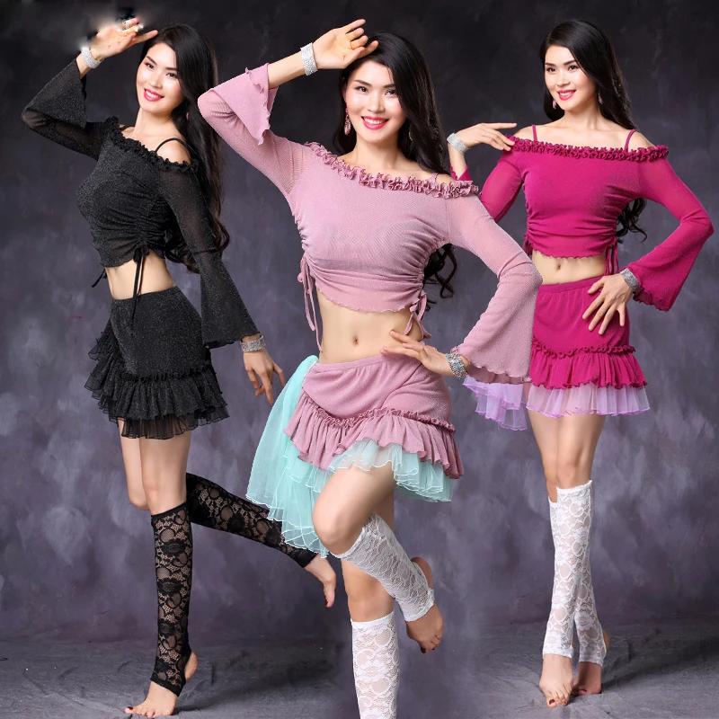 

Belly Dance Costume Net Yarn Silver Line Skirt Oriental Dancing Trumpet Sleeve Tops Hip Towel Skirts Bellydance Costumes XQ1185, Black;pink;rose red