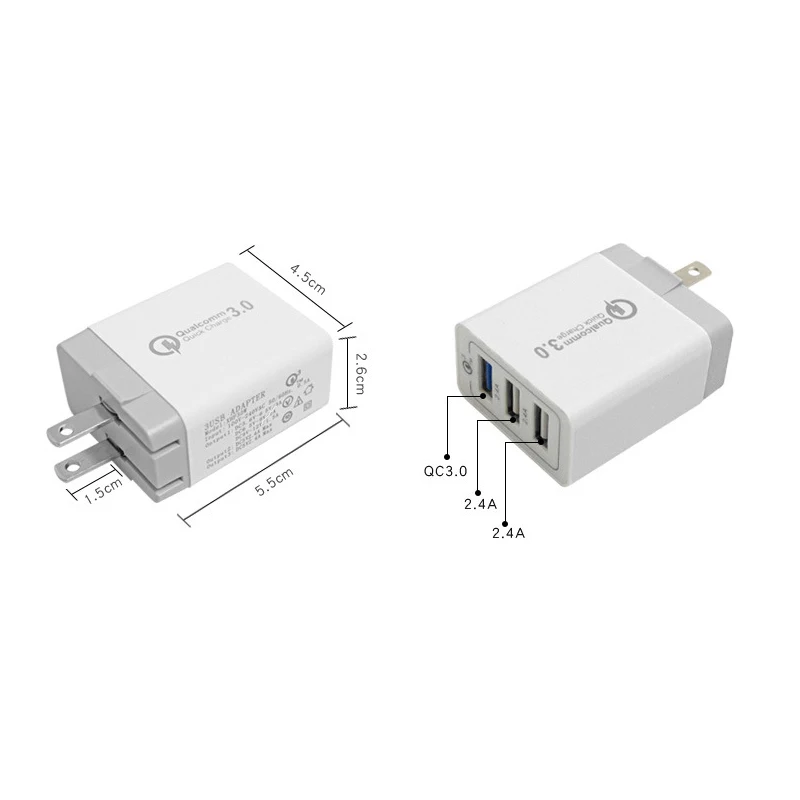 

5V 2.4A USB Wall Charger Micro USB Travel Charging With 3 port US EU Plug Charger For Smartphone, Black white
