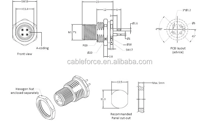 Industrial Automation Connector M12 4 Pin Male Front Pcb Contacts Panel