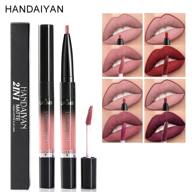 

HANDAIYAN 2 In 1 Waterproof Matte Lip Liner Lipstick Long Lasting Nude Color Velvet Double end Liquid Lipstick Lips Tint Makeup