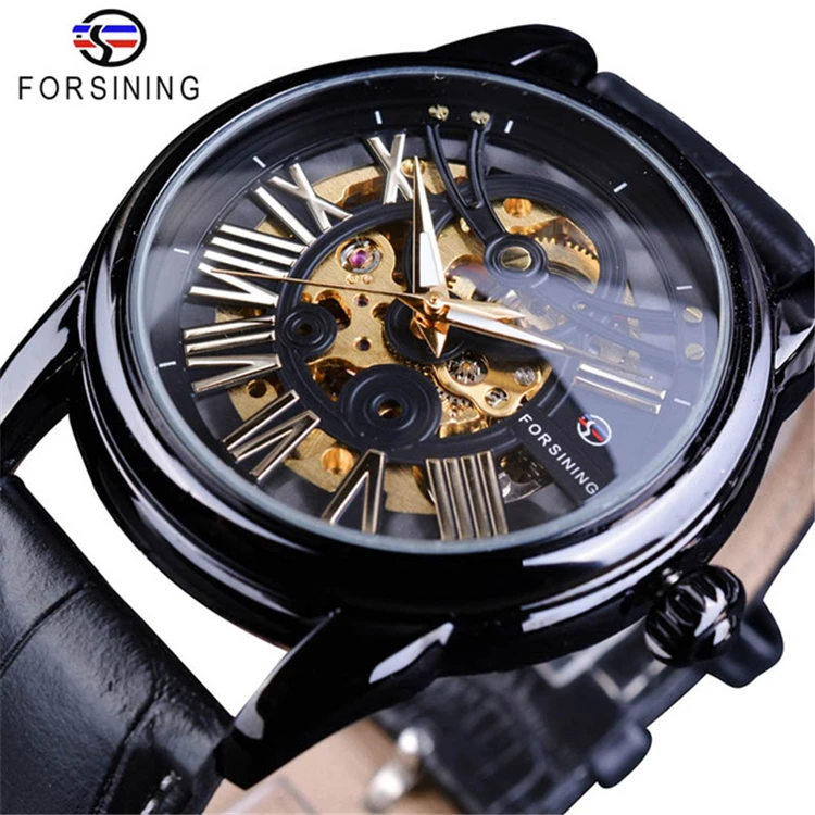 

Forsining 141 Full Black Skeleton Watches Men's Mechanical Watches Top Brand Luxury Genuine Leather Band