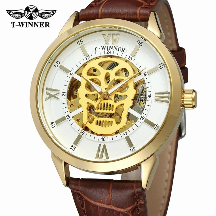 

WINNER 269 2019 Skull Design Golden Skeleton Dial Genuine Leather Men Skeleton Wristwatch Top Brand Luxury Automatic Clock