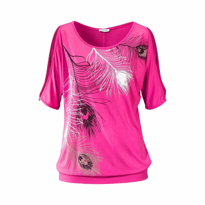 

Summer New Women T Shirts Feather Print Strapless Short Sleeve Off The Shoulder Tops For Feminina 5xl Plus Size