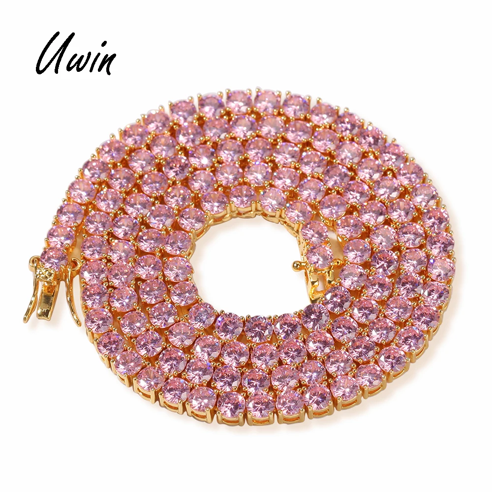 

4mm Iced Out Pink CZ Tennis Chain Necklace AAAA Zirconia Women Men Choker Necklace, Gold;silver with pink zirconia